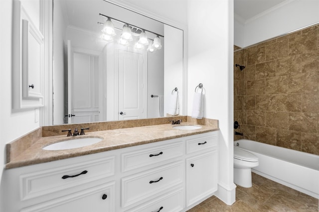 13614 Boerne Canyon Ln, Cypress, TX 77429 - full bathroom with double vanity, crown molding, toilet, and shower / bath combination