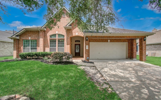 18611 Camellia Estates Ln, Cypress, TX 77429 - ranch-style home with an attached garage, driveway, a front lawn, and brick siding