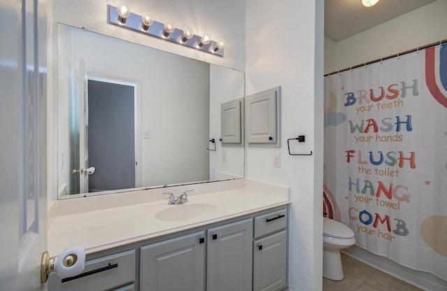 18611 Camellia Estates Ln, Cypress, TX 77429 - bathroom with vanity, tile patterned floors, toilet, and a shower with curtain