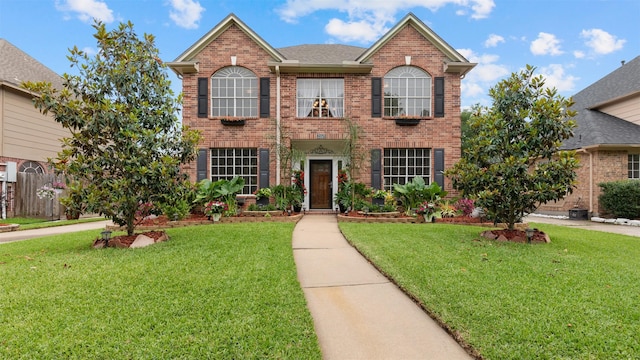 colonial inspired home featuring brick siding and a front yard
