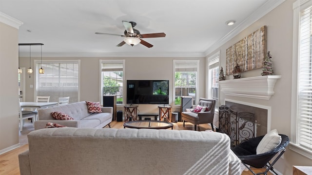 living room with wood finished floors, ornamental molding, a ceiling fan, a fireplace, and baseboards