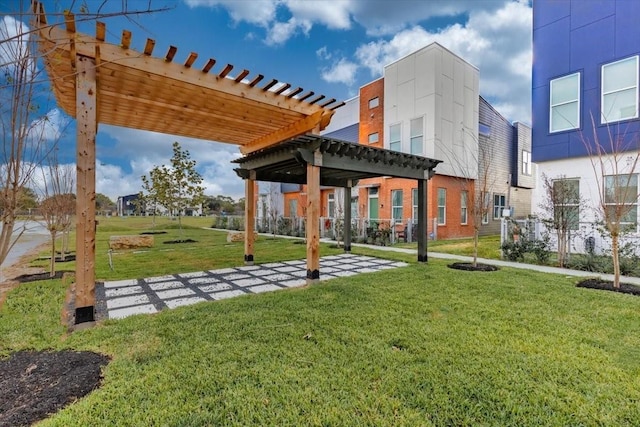 view of home's community with a lawn and a pergola
