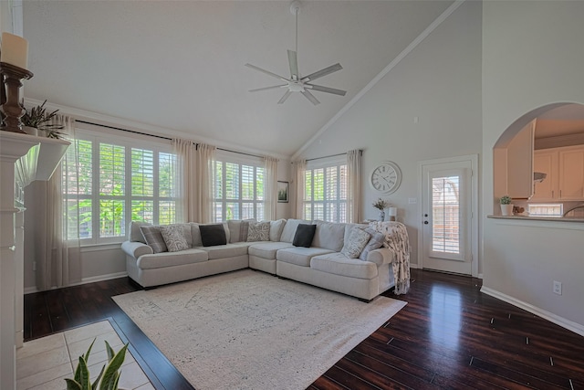 1307 Romero Dr, Pearland, TX 77581 - living room with baseboards, a ceiling fan, hardwood / wood-style floors, and high vaulted ceiling