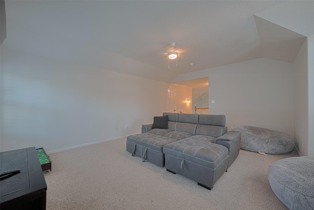 1307 Romero Dr, Pearland, TX 77581 - living area with baseboards, carpet flooring, ceiling fan, and vaulted ceiling