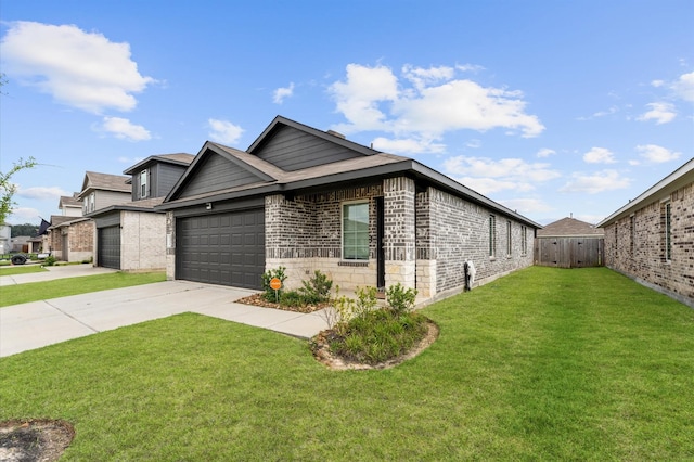 view of side of property featuring a lawn, brick siding, fence, concrete driveway, and an attached garage