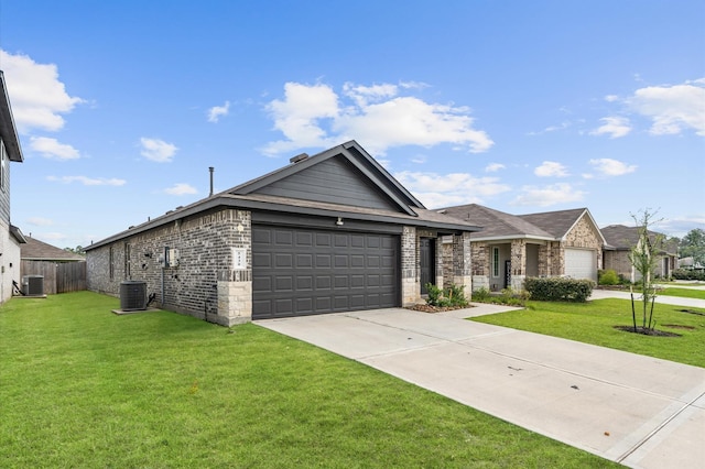 ranch-style home featuring a front yard, a garage, central air condition unit, fence, and concrete driveway