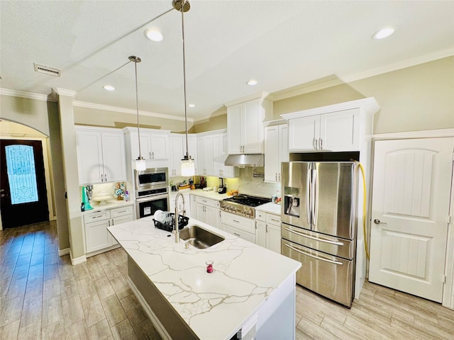 kitchen featuring a sink, under cabinet range hood, light wood-style floors, ornamental molding, and stainless steel appliances