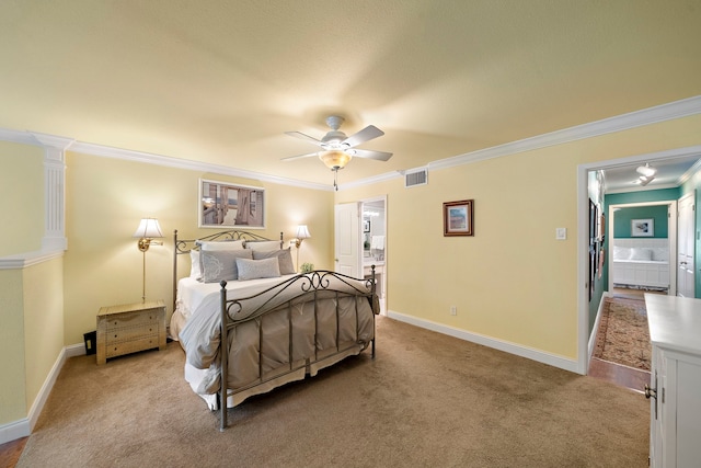 8944 Chatsworth Dr, Houston, TX 77024 - bedroom featuring visible vents, ornamental molding, carpet floors, baseboards, and ceiling fan