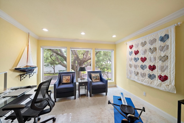8944 Chatsworth Dr, Houston, TX 77024 - office area with recessed lighting, baseboards, and ornamental molding
