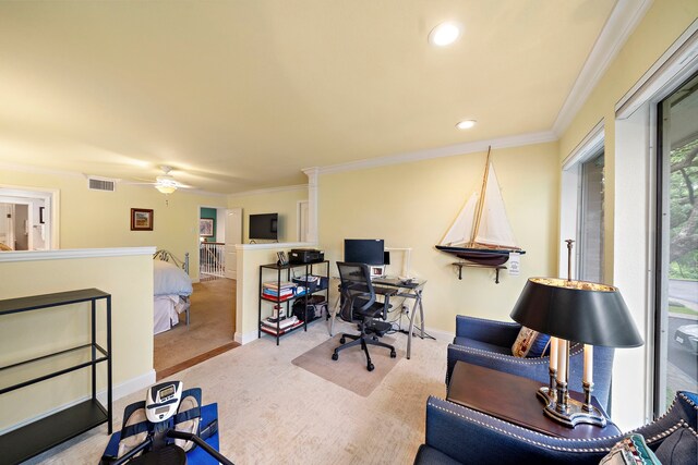 8944 Chatsworth Dr, Houston, TX 77024 - carpeted office with crown molding, baseboards, ceiling fan, and visible vents