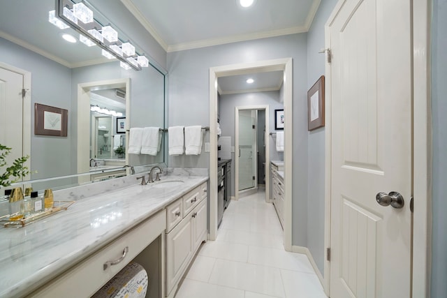 8944 Chatsworth Dr, Houston, TX 77024 - bathroom with vanity, crown molding, and tile patterned flooring