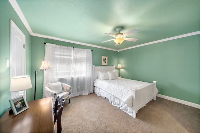 8944 Chatsworth Dr, Houston, TX 77024 - bedroom with crown molding, ceiling fan, carpet floors, a textured ceiling, and baseboards