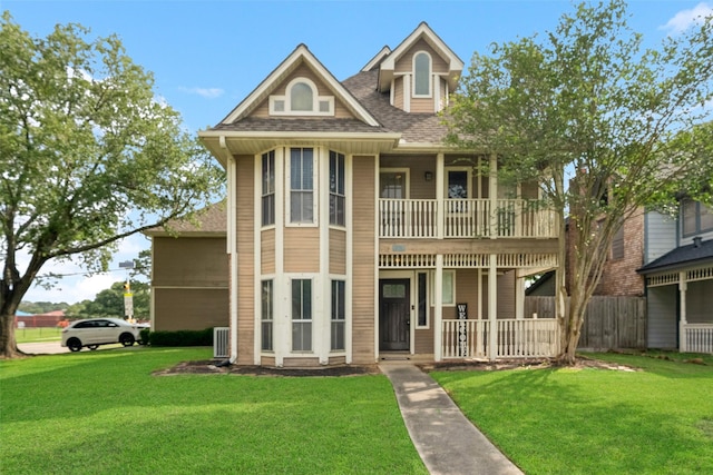 view of front facade with a porch, a front lawn, and a balcony