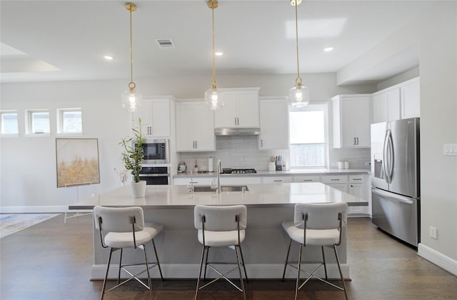 kitchen with visible vents, under cabinet range hood, a sink, appliances with stainless steel finishes, and a wealth of natural light