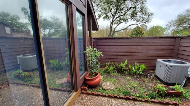 exterior space with a fenced backyard and central air condition unit