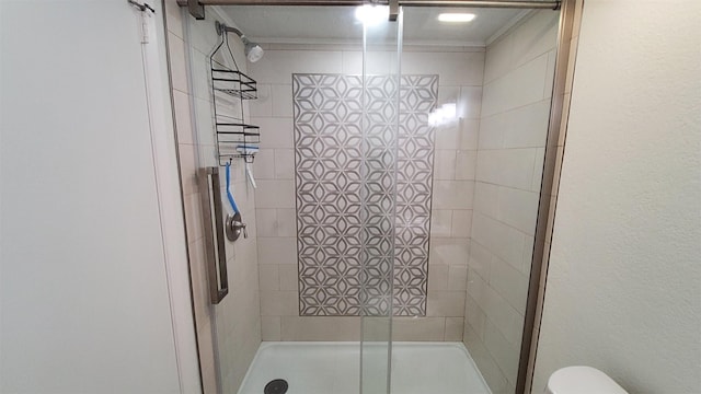 full bathroom featuring a stall shower and toilet