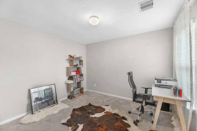 home office featuring baseboards, visible vents, and carpet