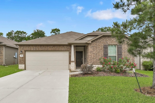 4202 Amber Ruse Dr, Conroe, TX 77304 - single story home with driveway, a shingled roof, brick siding, and a garage