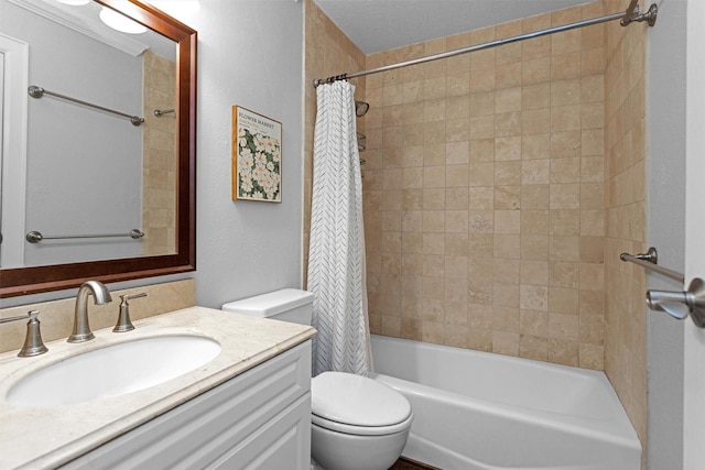 91 Bitterwood Cir, The Woodlands, TX 77381 - bathroom featuring vanity, a textured wall, shower / bath combo with shower curtain, and toilet