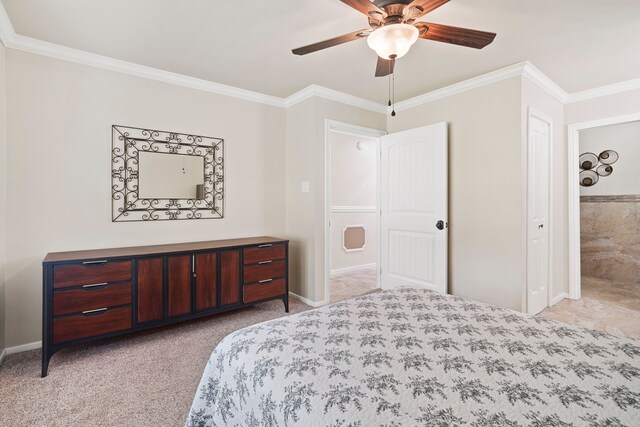 28710 Sapphire Cir, Magnolia, TX 77355 - bedroom featuring crown molding, light colored carpet, baseboards, and ceiling fan