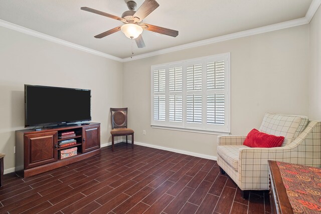 28710 Sapphire Cir, Magnolia, TX 77355 - living area with ornamental molding, baseboards, dark wood finished floors, and a ceiling fan