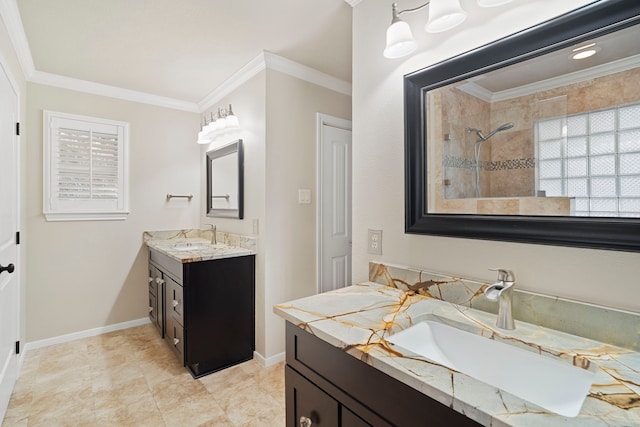 28710 Sapphire Cir, Magnolia, TX 77355 - full bathroom with a walk in shower, crown molding, baseboards, plenty of natural light, and vanity