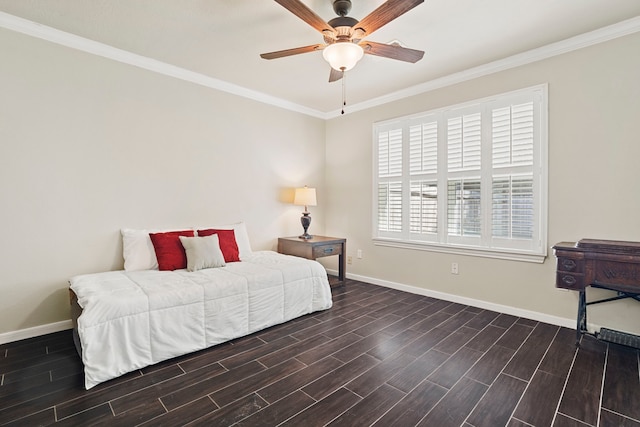 28710 Sapphire Cir, Magnolia, TX 77355 - bedroom with baseboards, dark wood-style floors, crown molding, and ceiling fan