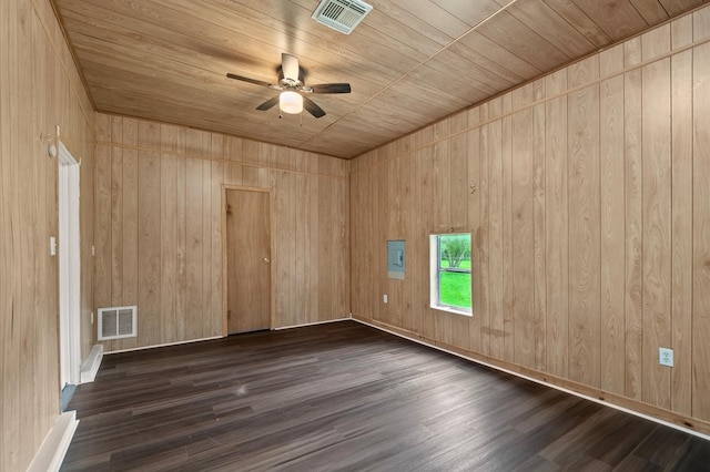 spare room with wooden ceiling, ceiling fan, dark wood-type flooring, and visible vents