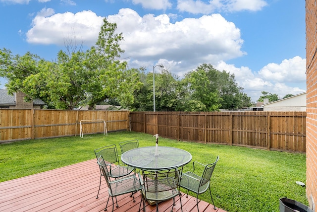 wooden deck with a fenced backyard, outdoor dining area, and a lawn