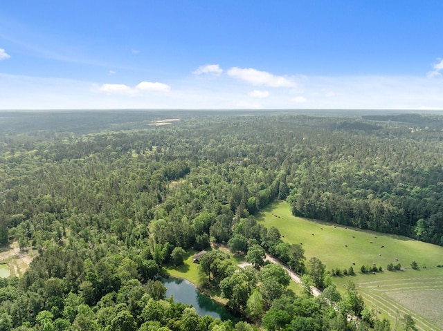 aerial view with a water view and a wooded view