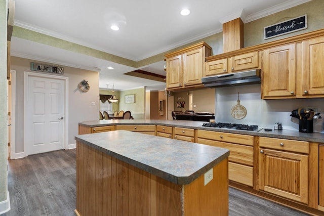 kitchen with dark wood-style flooring, dark countertops, stainless steel gas cooktop, a peninsula, and under cabinet range hood