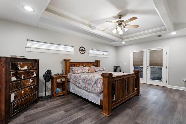 bedroom featuring access to exterior, ornamental molding, french doors, and dark wood-type flooring