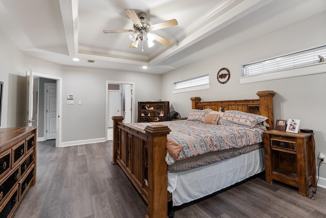 bedroom with baseboards, ornamental molding, beam ceiling, and dark wood-style floors