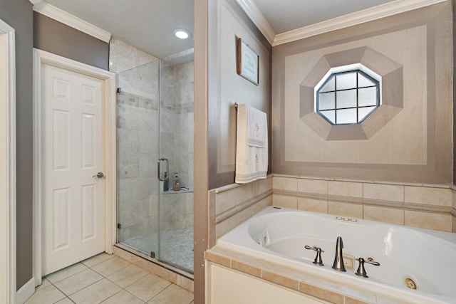 full bathroom with crown molding, tile patterned floors, a whirlpool tub, recessed lighting, and a shower stall