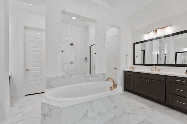 15631 Audubon Park Dr, Magnolia, TX 77354 - full bath featuring a bath, vanity, marble finish flooring, and tiled shower