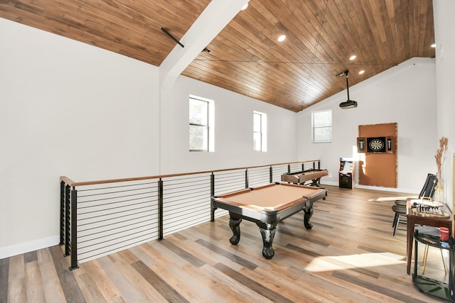 23058 Mills Rd, Porter, TX 77365 - game room with baseboards, pool table, wood finished floors, vaulted ceiling, and wood ceiling