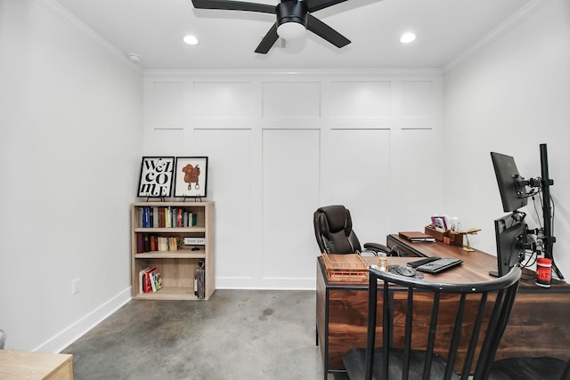 23058 Mills Rd, Porter, TX 77365 - home office with a ceiling fan, finished concrete flooring, crown molding, baseboards, and recessed lighting