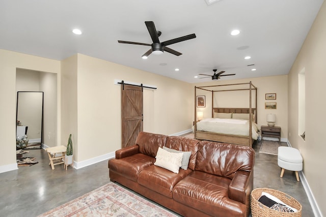 23058 Mills Rd, Porter, TX 77365 - bedroom featuring recessed lighting, a barn door, concrete floors, and baseboards