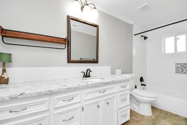23058 Mills Rd, Porter, TX 77365 - bathroom with visible vents, vanity, toilet,  shower combination, and ornamental molding