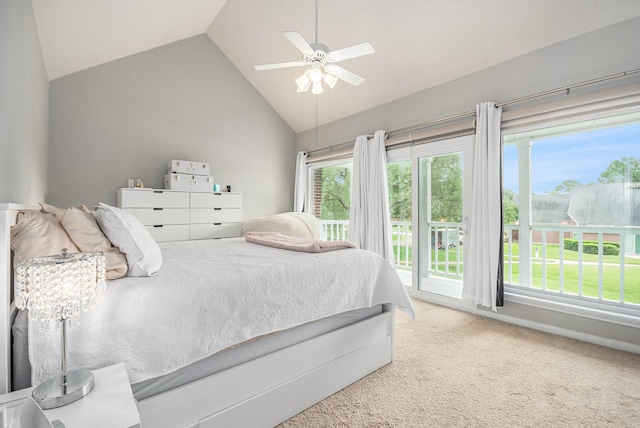 2722 Masters Dr, League City, TX 77573 - bedroom featuring ceiling fan, vaulted ceiling, carpet flooring, and access to exterior