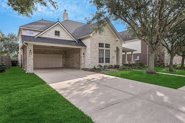 2524 Garnetfield Ln, Friendswood, TX 77546 - view of front of home featuring a shingled roof, driveway, a chimney, stone siding, and an attached garage
