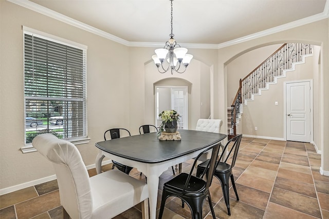 2524 Garnetfield Ln, Friendswood, TX 77546 - dining space with arched walkways, baseboards, crown molding, stairway, and a chandelier