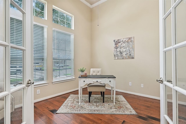 2524 Garnetfield Ln, Friendswood, TX 77546 - home office with dark wood-style flooring, crown molding, baseboards, and french doors