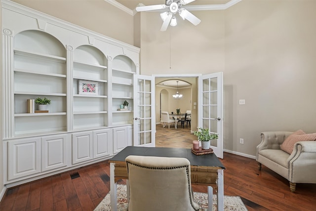 2524 Garnetfield Ln, Friendswood, TX 77546 - home office featuring ornamental molding, baseboards, ceiling fan, dark wood-type flooring, and a high ceiling