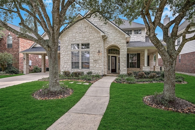 french country inspired facade with concrete driveway, a shingled roof, stone siding, and a front lawn