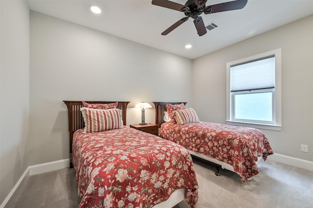 carpeted bedroom with recessed lighting, baseboards, visible vents, and ceiling fan