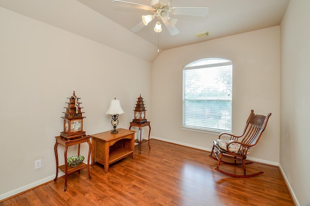 24242 Yelverton Glen Dr, Katy, TX 77493 - sitting room with baseboards, a ceiling fan, wood finished floors, and visible vents
