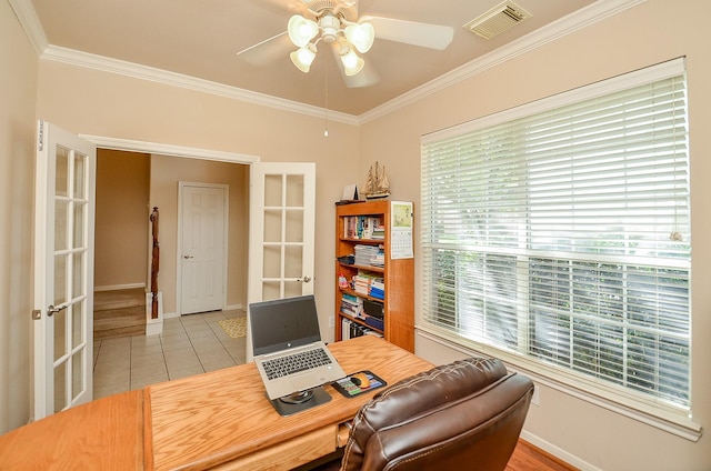 24242 Yelverton Glen Dr, Katy, TX 77493 - home office with a ceiling fan, baseboards, light tile patterned floors, visible vents, and ornamental molding