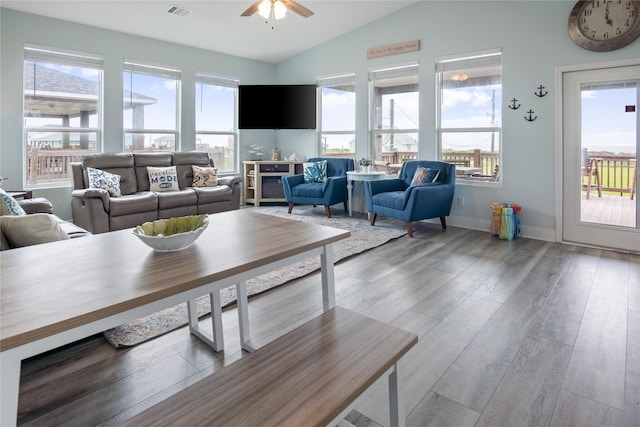 4413 Strand Ave, Port Bolivar, TX 77650 - living area with vaulted ceiling, a ceiling fan, healthy amount of natural light, wood finished floors, and baseboards