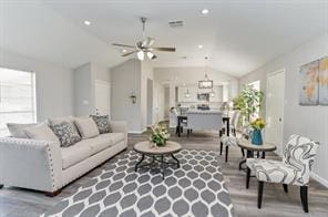 living room with wood finished floors, ceiling fan, lofted ceiling, and a wealth of natural light